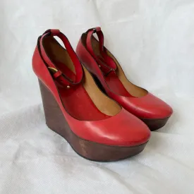 Chloe Red Leather Ankle Wrap Wedge Shoes, Women's 36.5