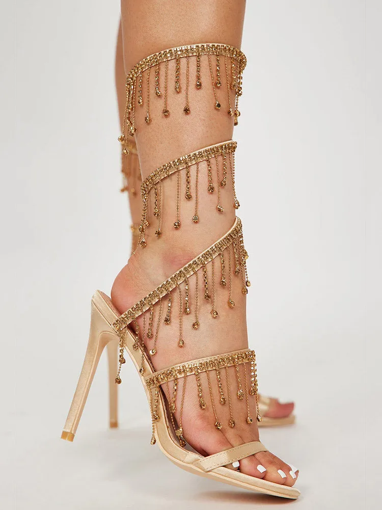 Embellished Fringe Wrap Heels