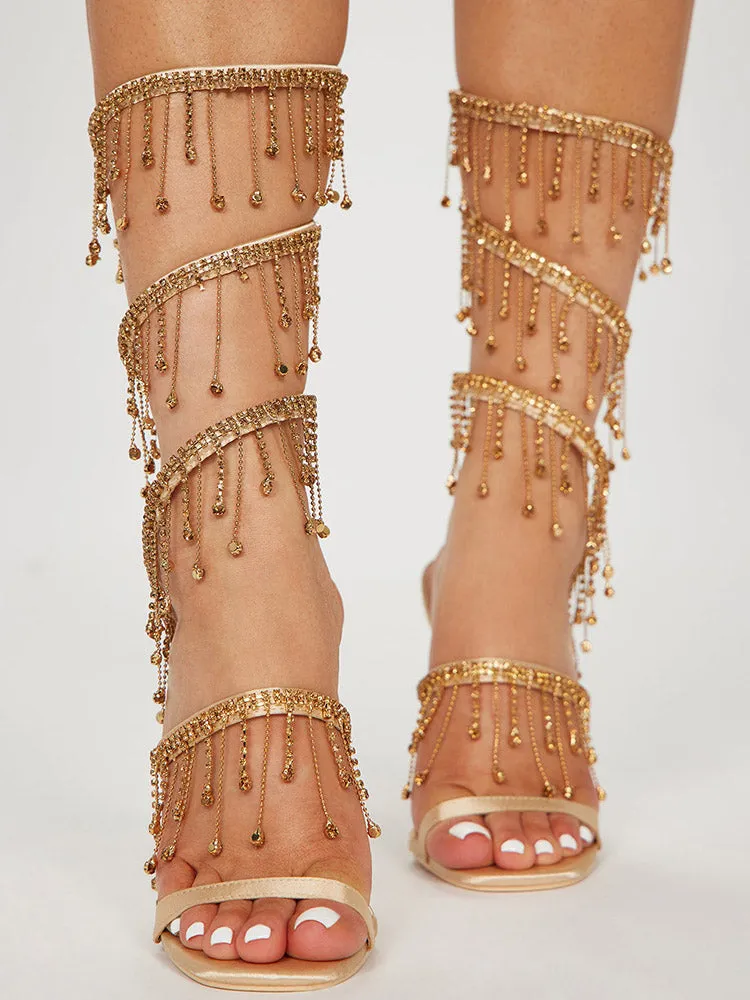 Embellished Fringe Wrap Heels