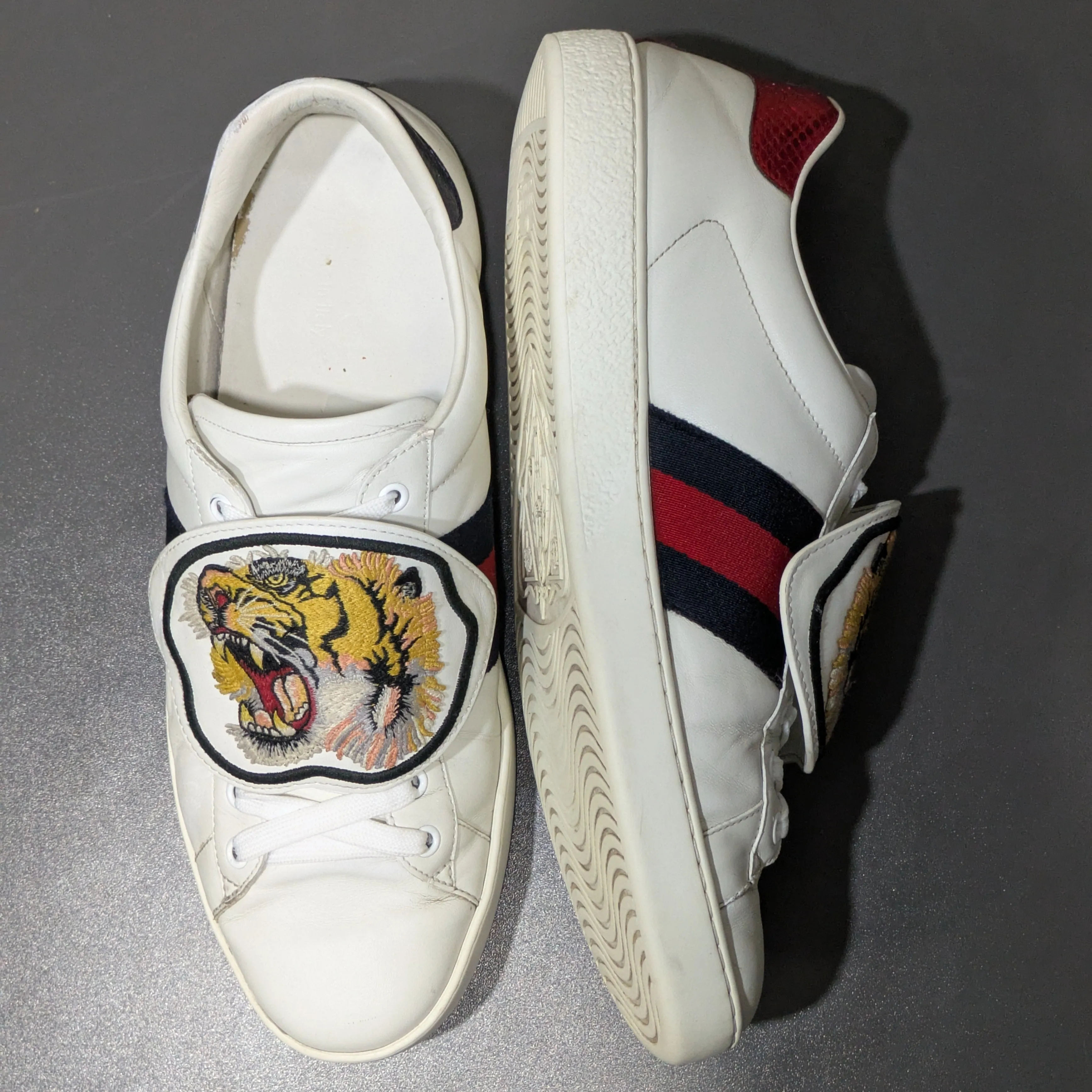 Gucci Ace Web Tiger Patch Sneakers – White Leather Python Trim Size UK 10.5 / EU 44 / US 11