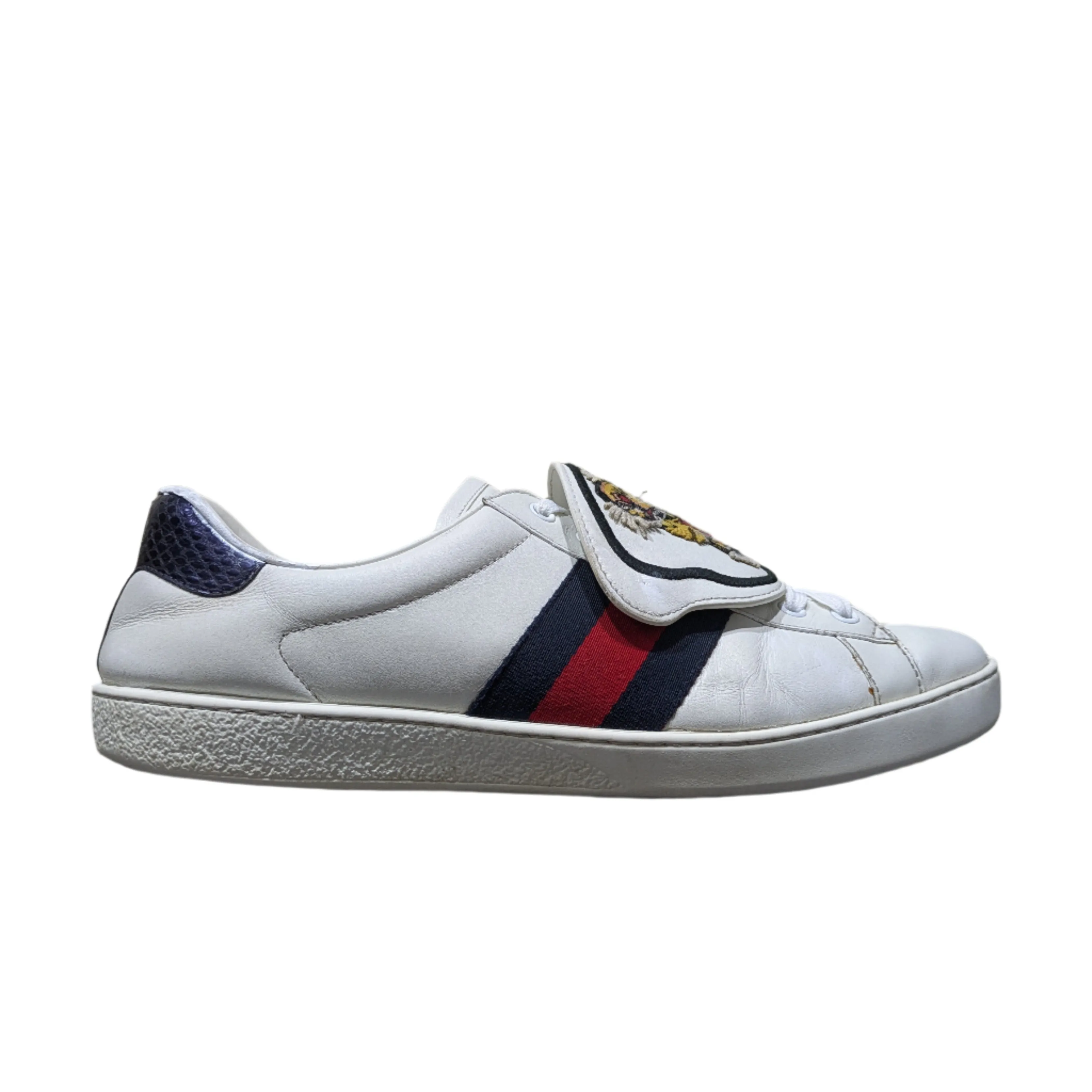 Gucci Ace Web Tiger Patch Sneakers – White Leather Python Trim Size UK 10.5 / EU 44 / US 11