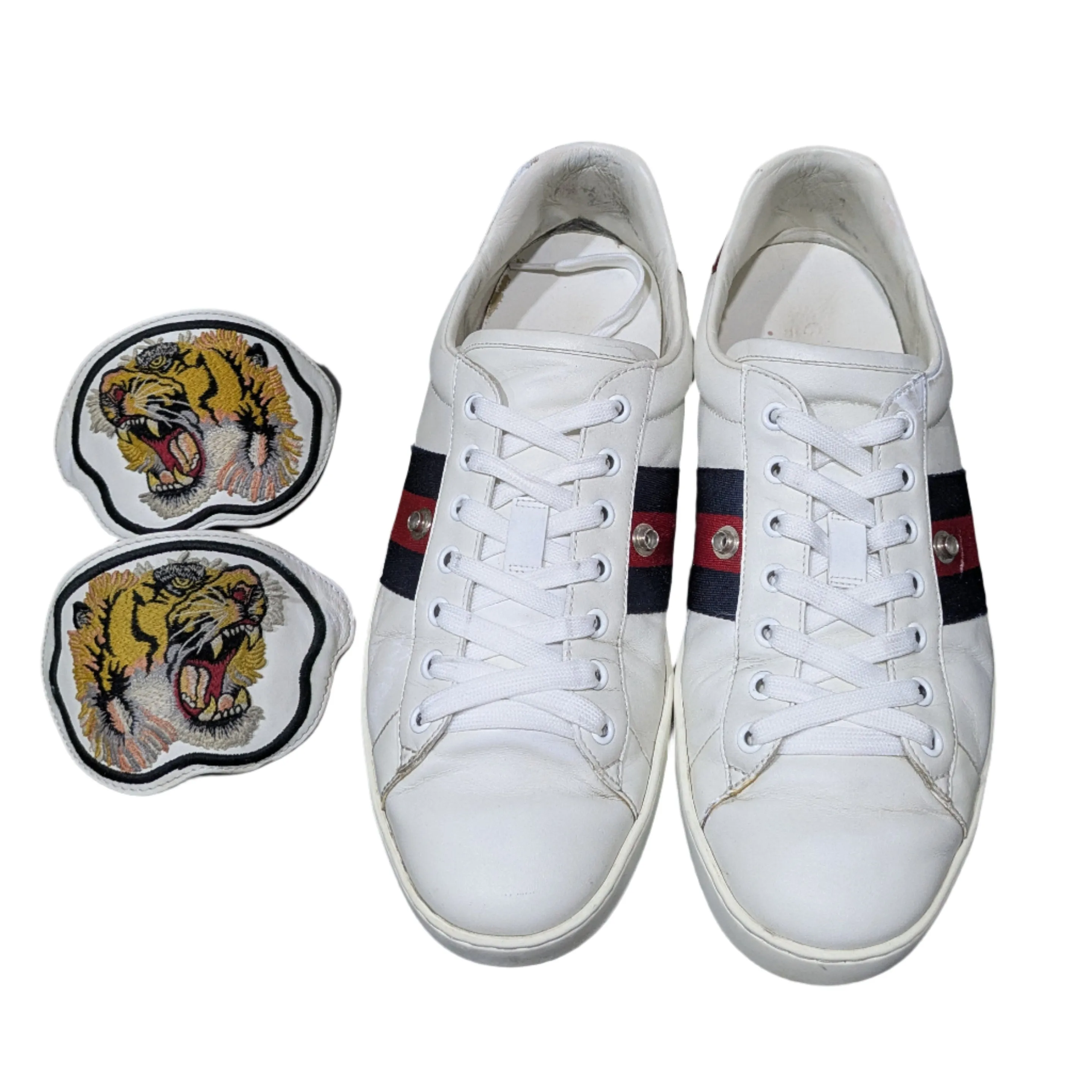 Gucci Ace Web Tiger Patch Sneakers – White Leather Python Trim Size UK 10.5 / EU 44 / US 11