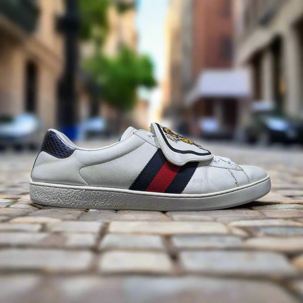 Gucci Ace Web Tiger Patch Sneakers – White Leather Python Trim Size UK 10.5 / EU 44 / US 11