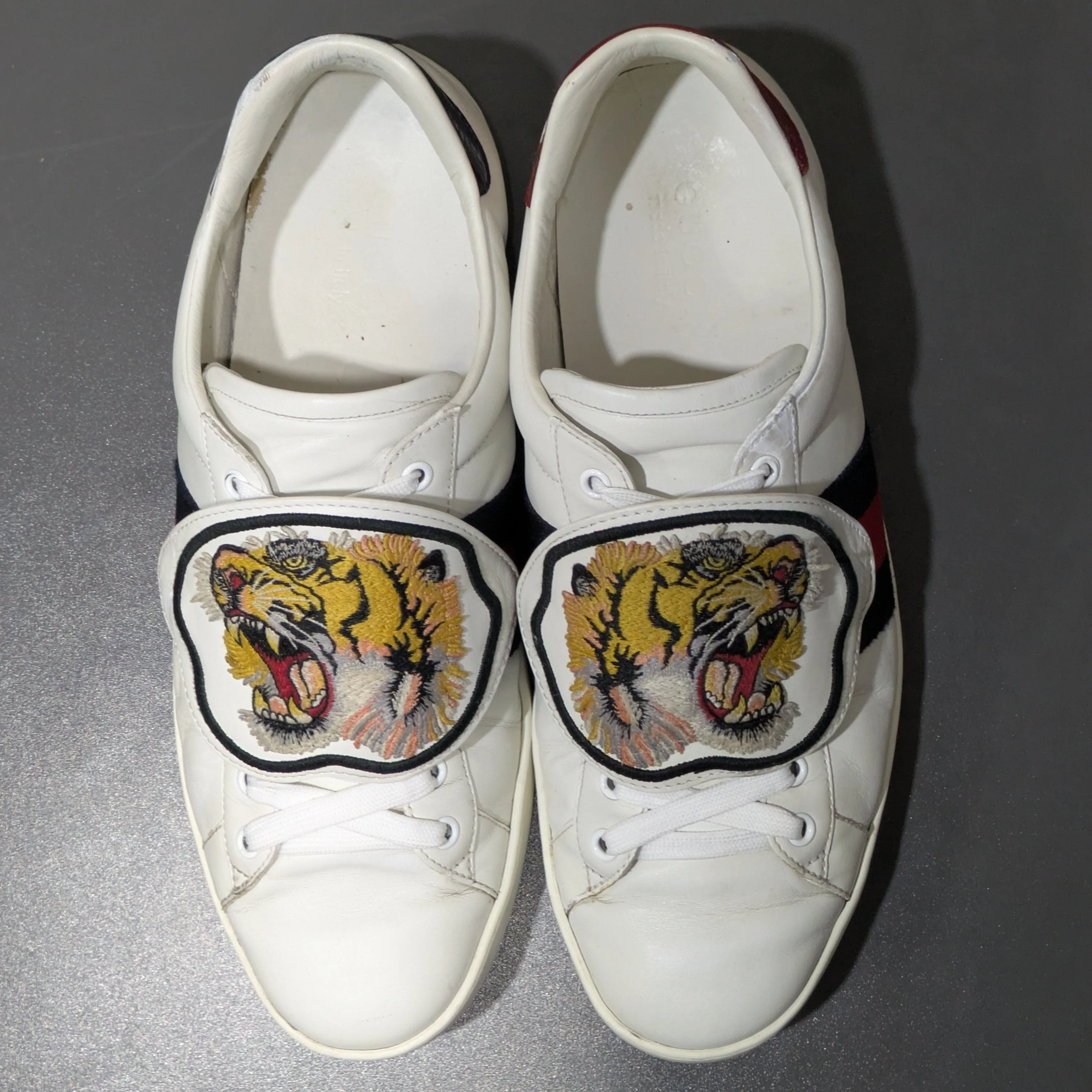 Gucci Ace Web Tiger Patch Sneakers – White Leather Python Trim Size UK 10.5 / EU 44 / US 11