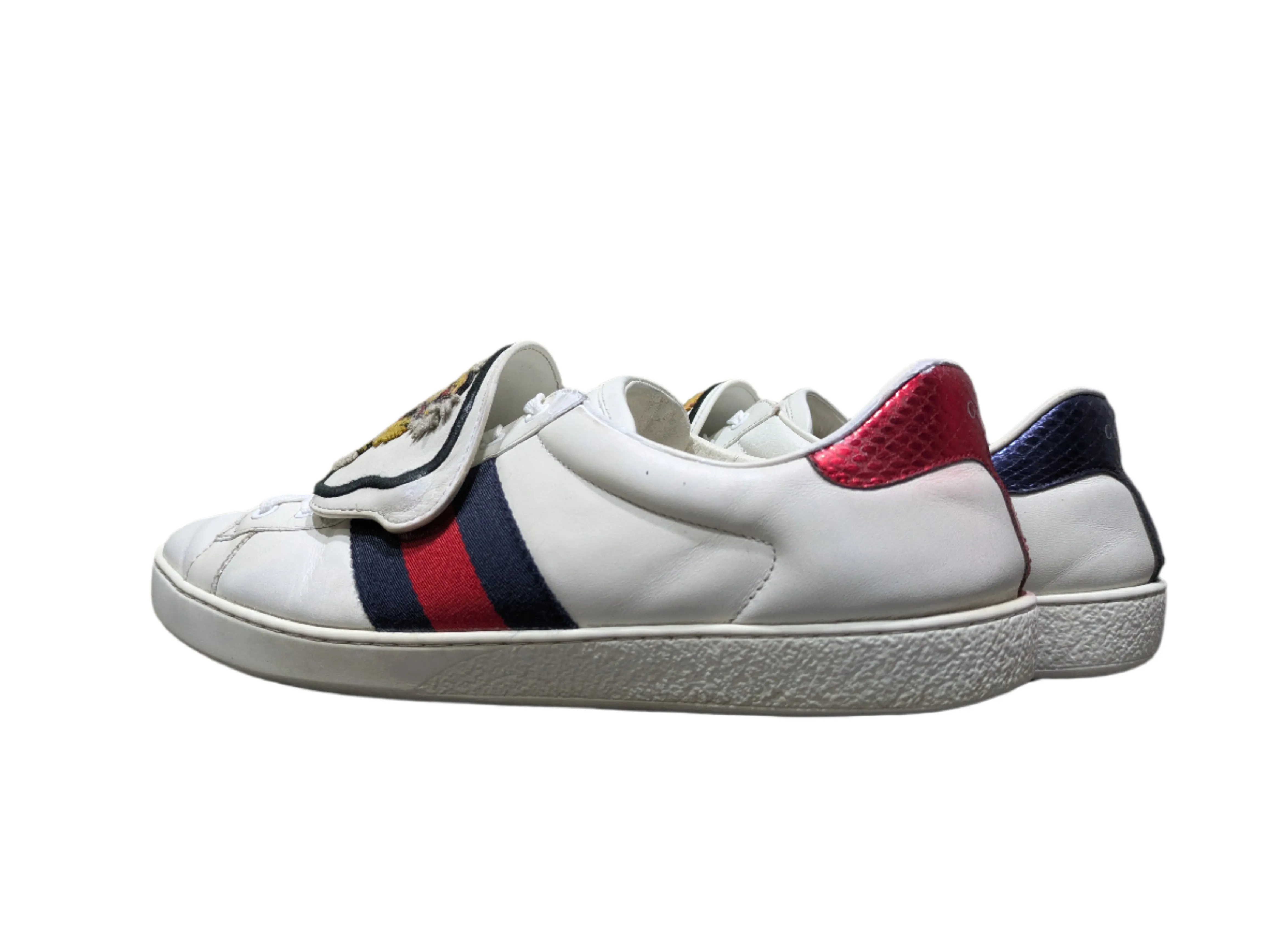 Gucci Ace Web Tiger Patch Sneakers – White Leather Python Trim Size UK 10.5 / EU 44 / US 11
