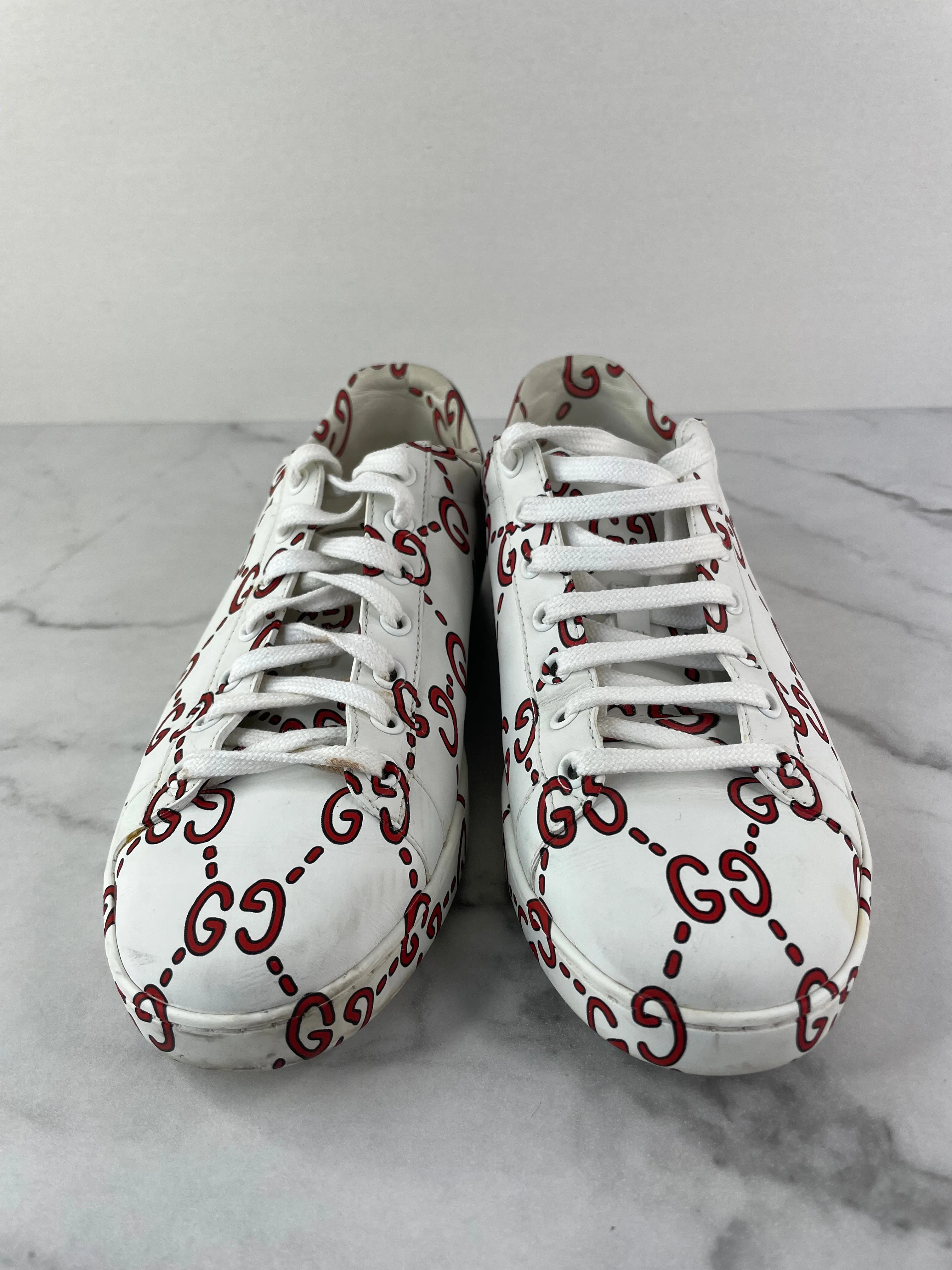 GUCCI Women’s White/Red Leather GG Ghost Ace Sneakers Size 40