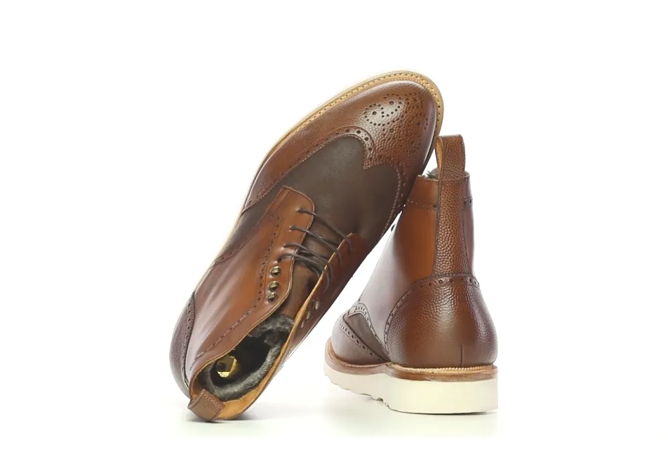 Handmade Fur Lined Leather Military Brogue Boot in Waxed and Pebble Leathers