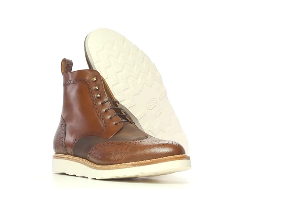 Handmade Fur Lined Leather Military Brogue Boot in Waxed and Pebble Leathers