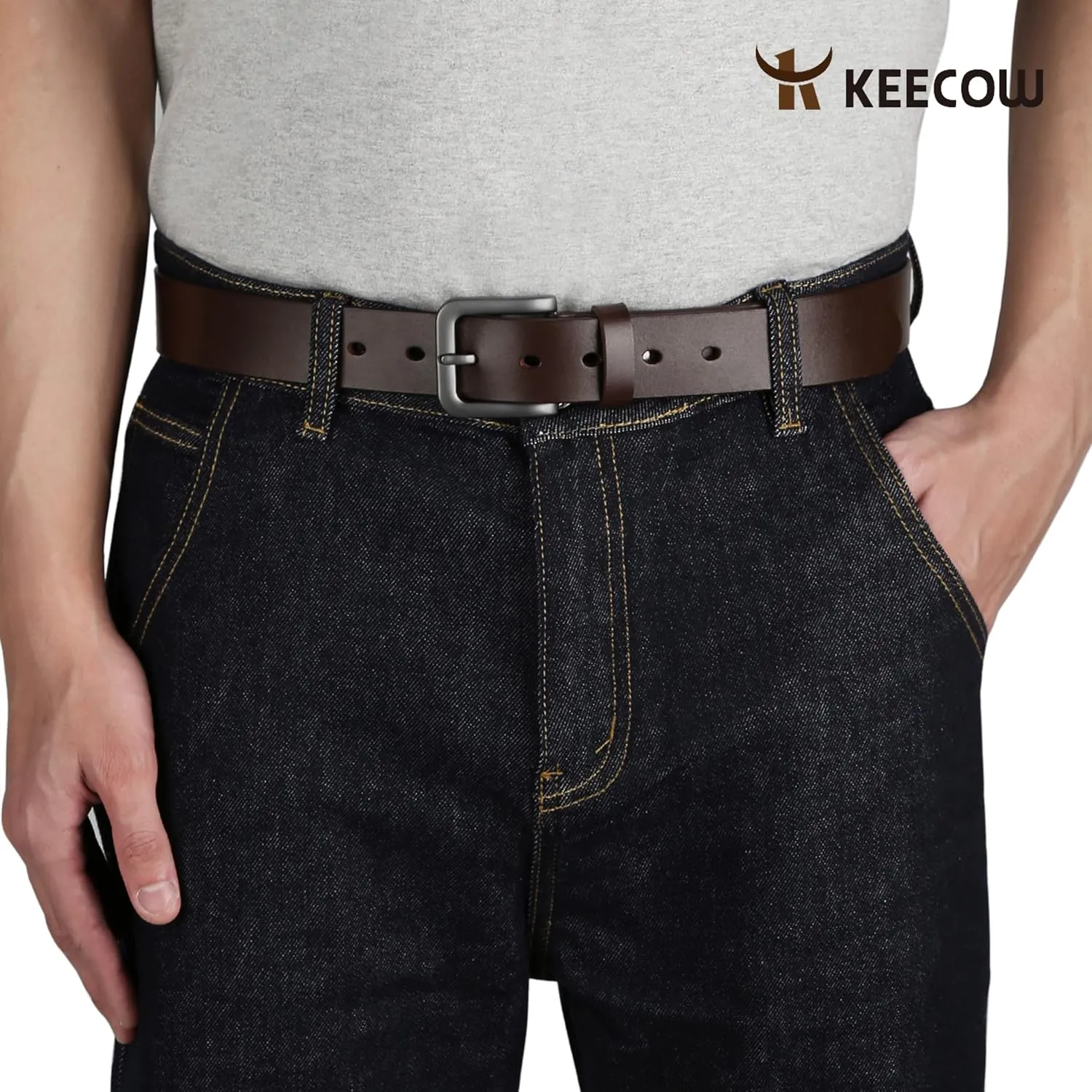 KEECOW Men's 100% Italian Cow Leather Belt Men With Anti-Scratch Buckle,Packed in a Box