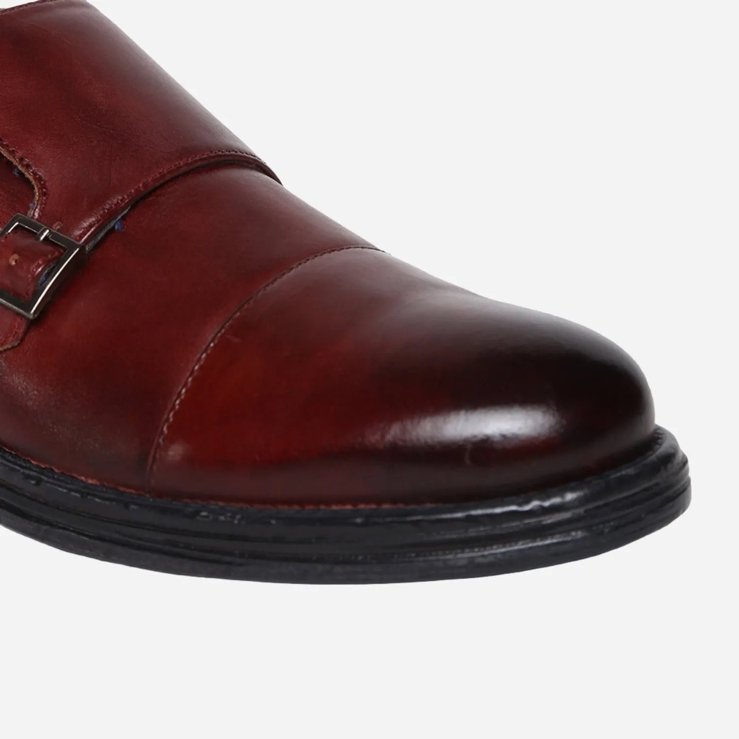 MASABIH GENUINE LEATHER BURGUNDY CASUAL DOUBLE MONK SHOES FOR MEN