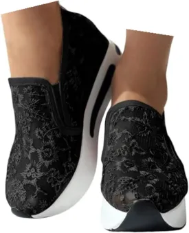 Platform Wedge Floral Women's Fashion Sneakers Breathable Walking Shoes Mesh Slip On Sneakers Women Casual Embroidery Sneakers Comfort Work Shoes Outdoor Travel Hidden High Heels Shoes