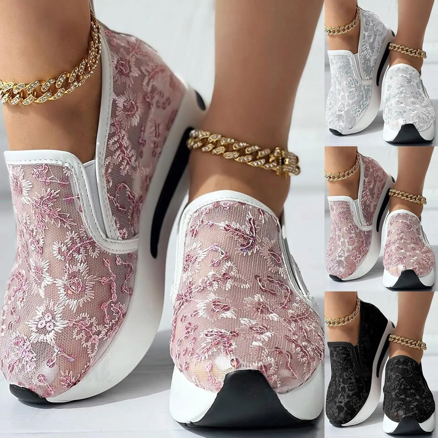 Platform Wedge Floral Women's Fashion Sneakers Breathable Walking Shoes Mesh Slip On Sneakers Women Casual Embroidery Sneakers Comfort Work Shoes Outdoor Travel Hidden High Heels Shoes