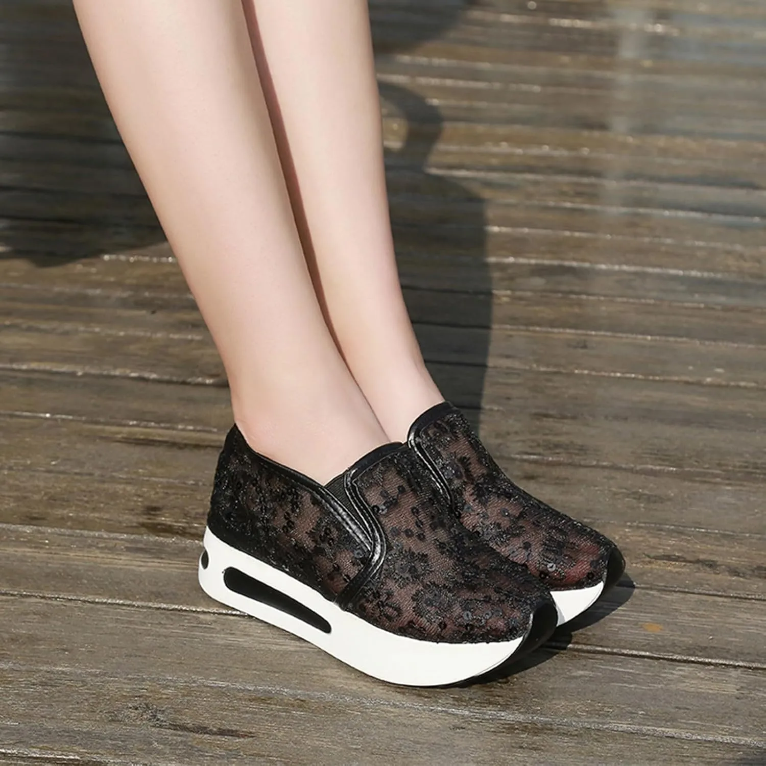 Platform Wedge Floral Women's Fashion Sneakers Breathable Walking Shoes Mesh Slip On Sneakers Women Casual Embroidery Sneakers Comfort Work Shoes Outdoor Travel Hidden High Heels Shoes