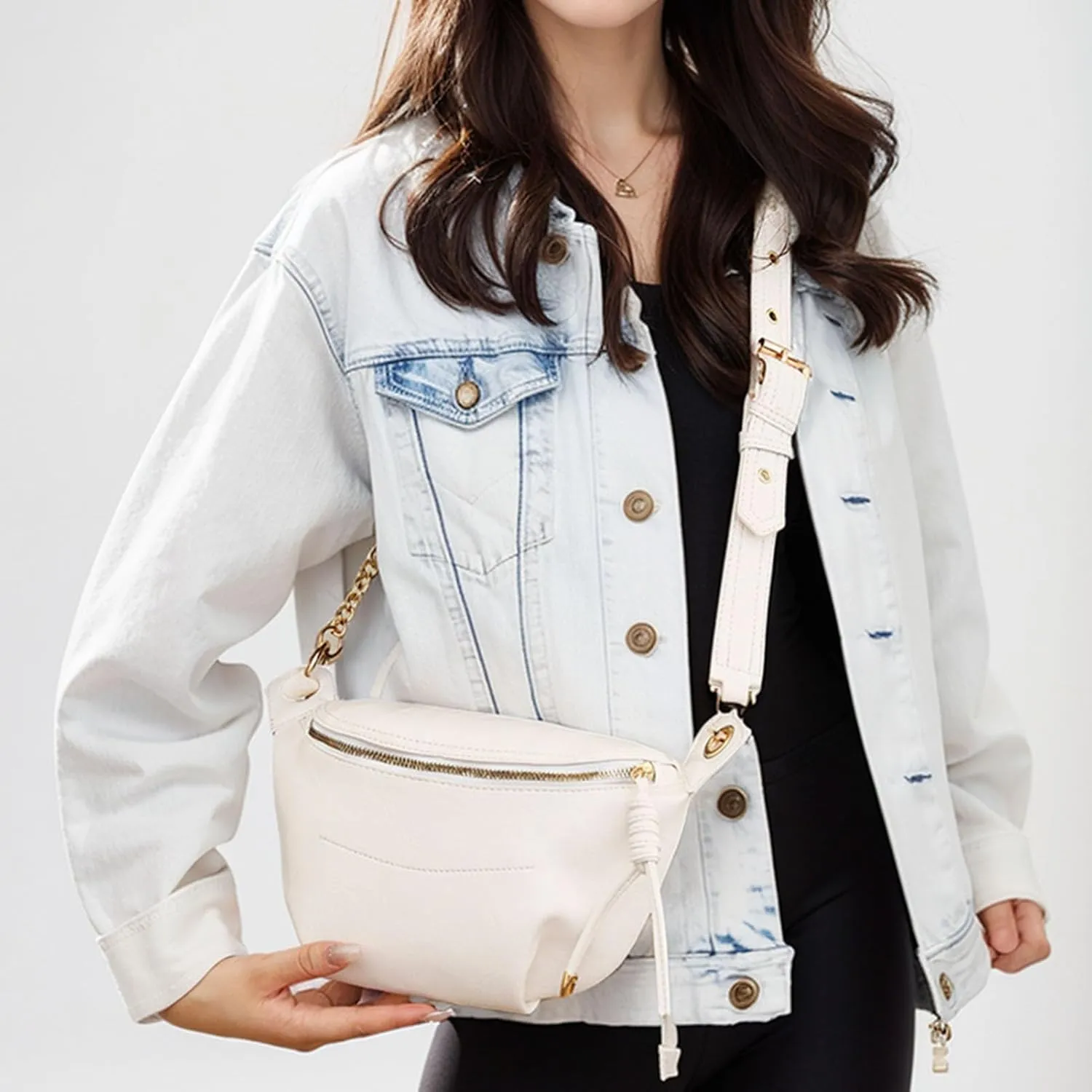 PU Leather Fanny Pack Crossbody Sling Bag for Women - Trendy Belt Bag with Adjustable Strap, Lightweight for Travel Daily Use (White)