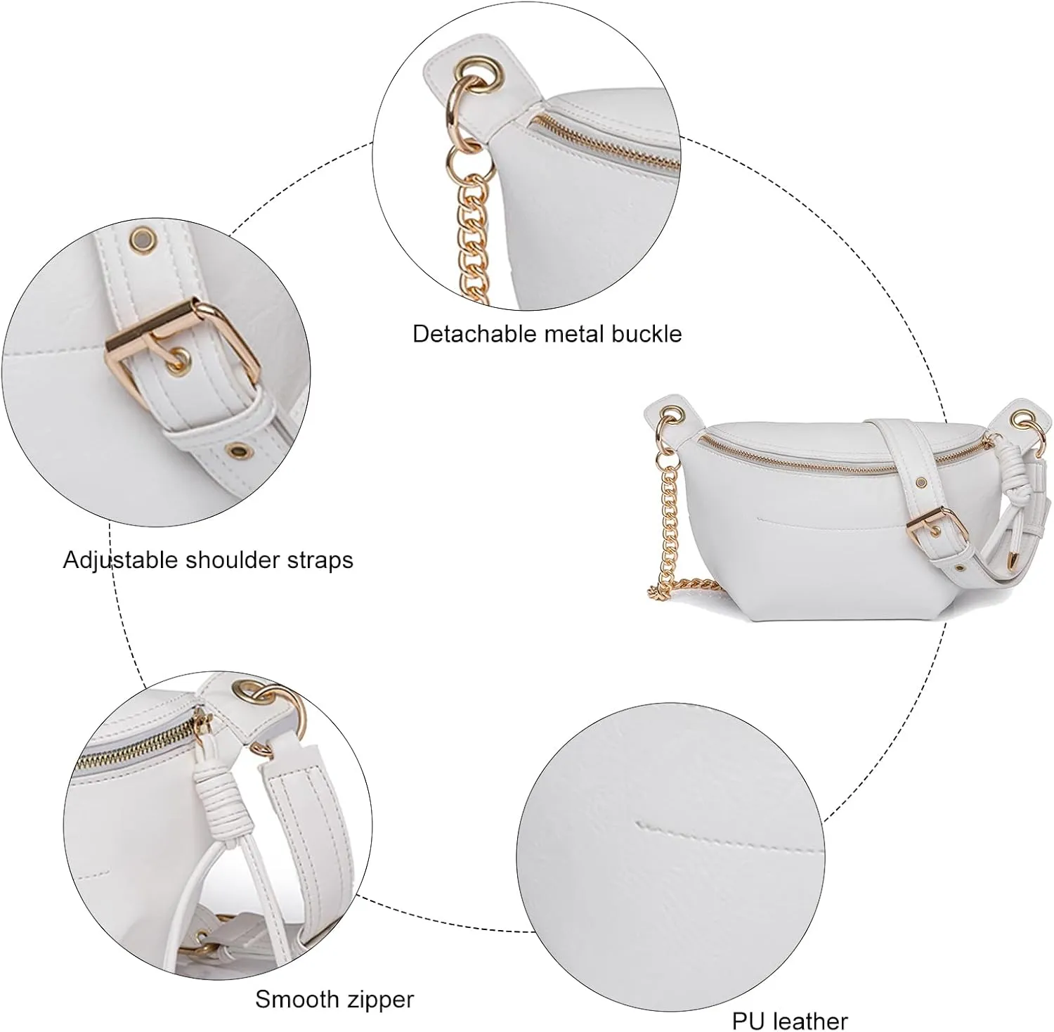 PU Leather Fanny Pack Crossbody Sling Bag for Women - Trendy Belt Bag with Adjustable Strap, Lightweight for Travel Daily Use (White)