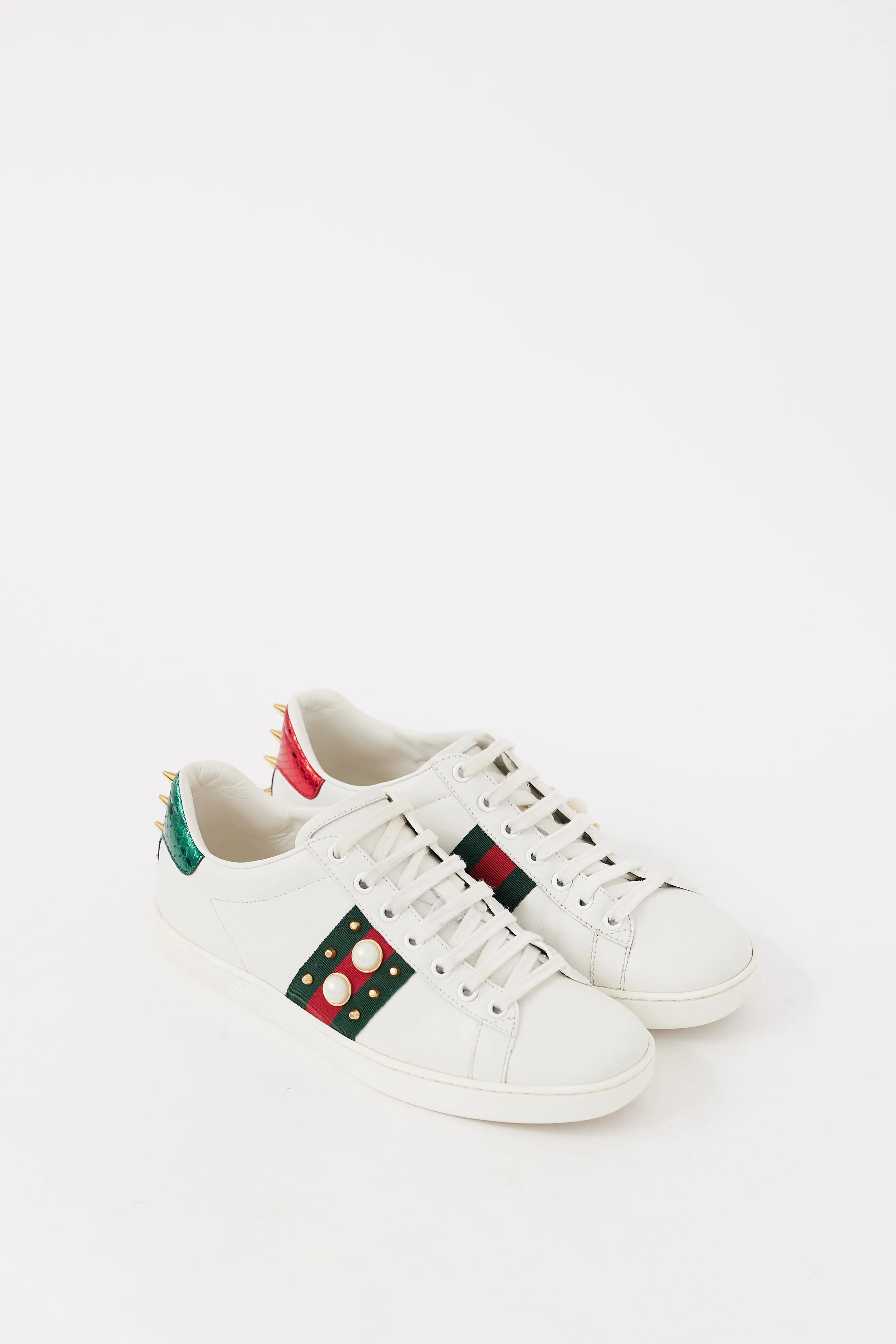 White & Multicolour Leather Ace Studded Sneaker